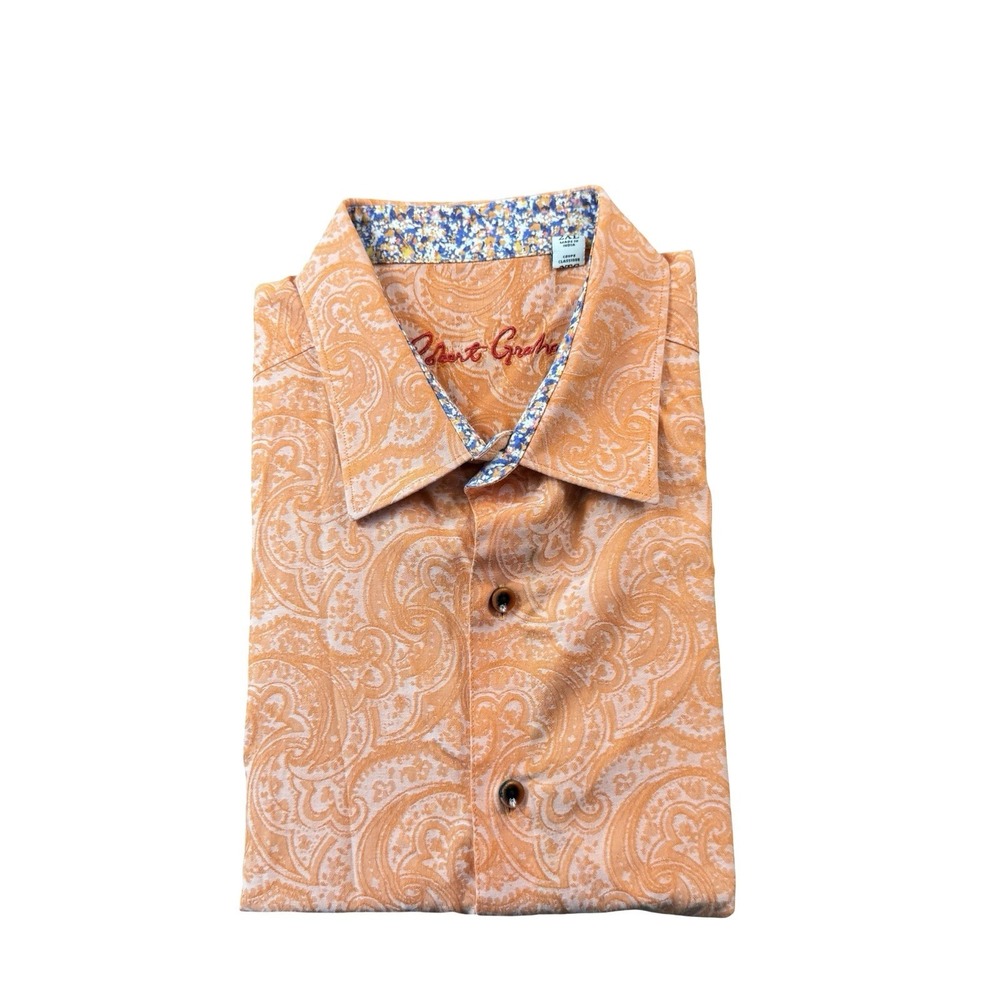 Robert Graham Orange Paisley Embossed Cotton SS Button Up Shirt Mens 2XL XXL